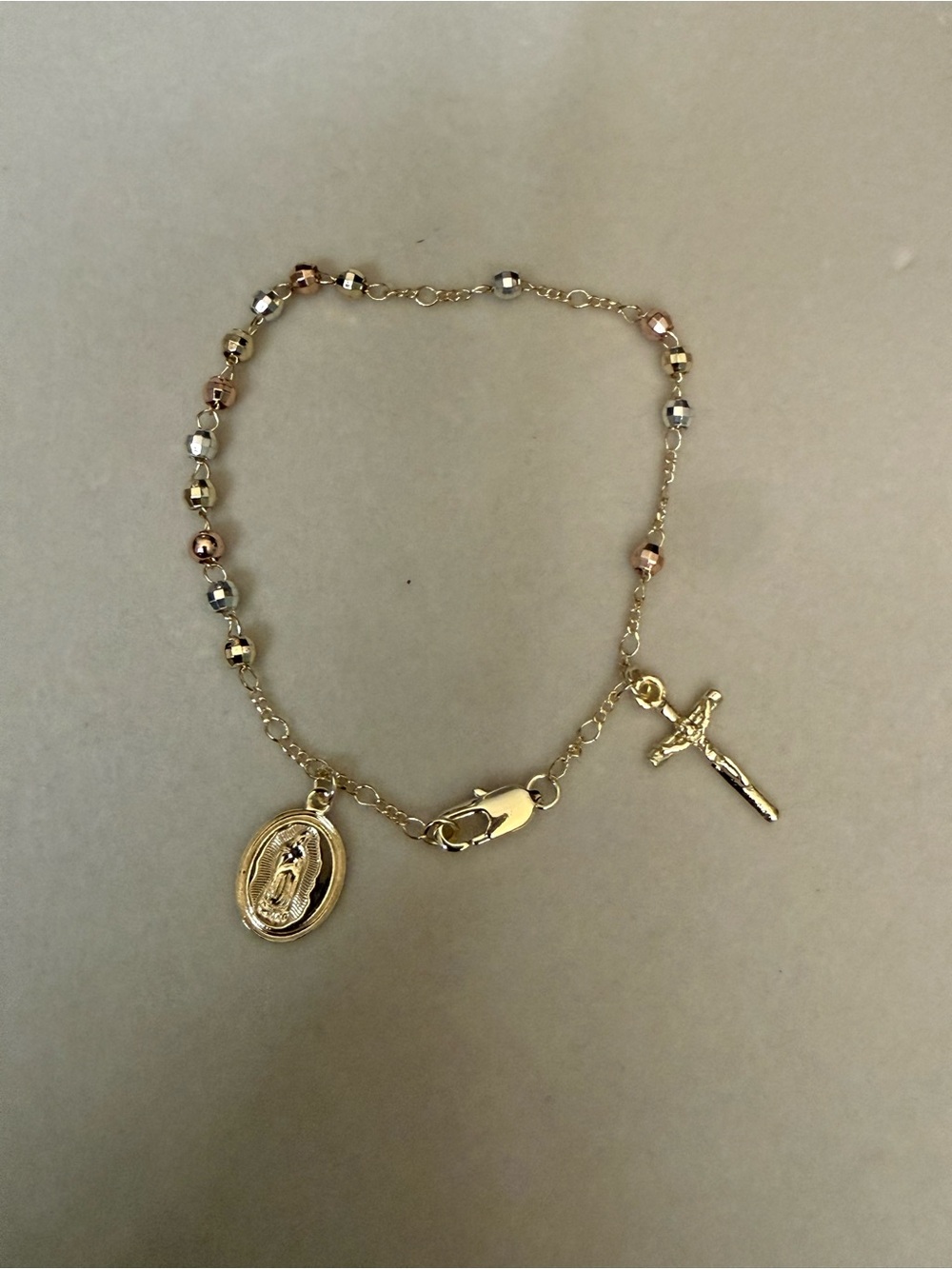 Gold-Tone Religious Charm Bracelet with Tri-Color Beads